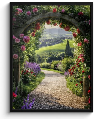 Poster in lijst - Fotolijst 50x70 cm - Posters - Doorkijk - Tuinboog - Bloemen - Natuur - Pad - Posterlijst zwart - Decoratie - Wanddecoratie woonkamer - Muurdecoratie slaapkamer