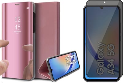 Hoesje geschikt voor Samsung Galaxy A34 - Privacy Screen Protector FullGuard - Book Case Spiegel Roségoud & Screenprotector