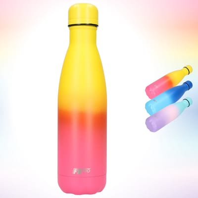 FBFS137, Thermosfles, Drinkfles, Waterfles - Modern & Slank Design - Thermos Fles voor de Warme en Koude Dagen - Dubbelwandig - Robuuste Thermoskan - 500ml - Sunny Yellow & Pink - Zonnig Geel, Paars