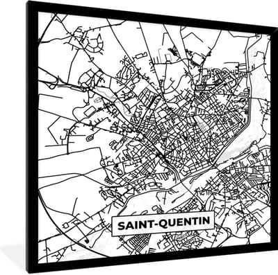Fotolijst incl. Poster Zwart Wit- Kaart - Stadskaart - Saint-Quentin - Frankrijk - Plattegrond - Zwart wit - 40x40 cm - Posterlijst