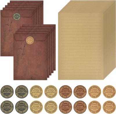 Set van 10 A5 Vintage Kraft Enveloppen met 32 Stuk Briefpapier en Stickers voor Huwelijken en Uitnodigingen
