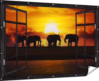 Gards Tuinposter Doorkijk Silhouet Olifanten tijdens Zonsondergang - 180x120 cm - Tuindoek - Tuindecoratie - Wanddecoratie buiten - Tuinschilderij