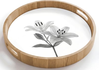 Dienblad rond 40x40 cm - Schootdienblad hout - Lelies - Elegant - Zwart - Wit - Borrelplank rechthoek - Plateau houten dienbladen