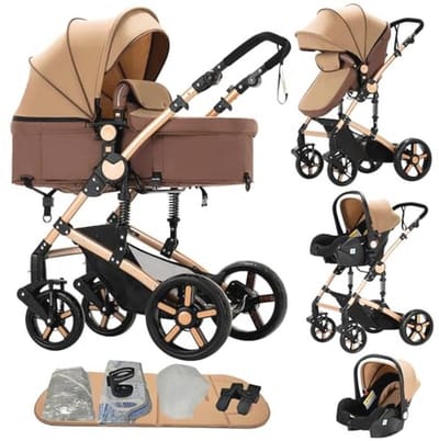 3-in-1 Kinderwagen - Trio Kinderwagen voor Pasgeborenen met Omkeerbare Duwmodi en Inklapbaar Ontwerp