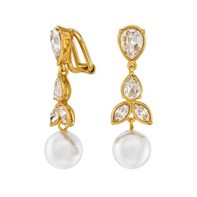 Traveller Clip Oorbellen - Oorclips Dames - Hangers - 22kt Verguld - Parels - 10 mm - Wit - Kristallen - 35 x 10 mm - 114363