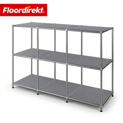 FLOORDIREKT Metalen Rek Concept Epure MK-018 - Open staand rek met 3 planken - Sideboard & lowboard van metaal - 116 x 40 x 82 cm - Grijs - Modern design - Voor woonkamer, kantoor & hal - Stevig en veelzijdig - Verkrijgbaar in verschillende kleuren