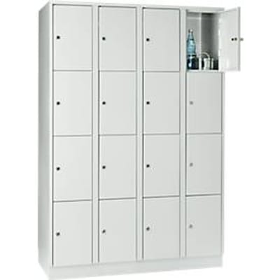 Vakkenkast 300 mm, 4 compartimenten, 16 vakken, veiligheidscilinderslot, sokkel, lichtgrijs
