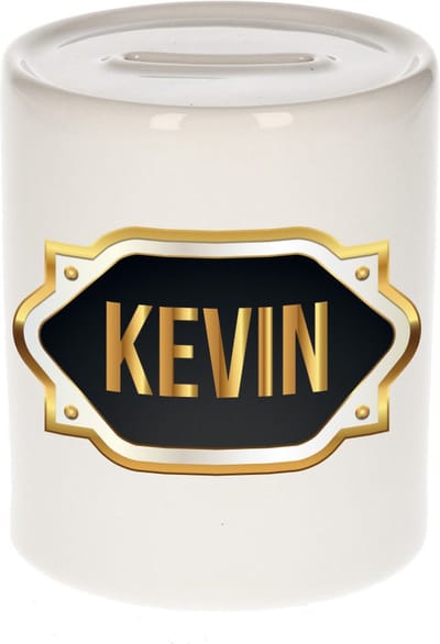 Spaarpot met voornaam Kevin - wit - met goud/zwart embleem - 8 x 9 cm - keramiek - met afsluitdop - cadeau verjaardag