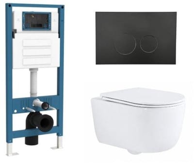 QeramiQ Dely Swirl Toiletset - inbouwreservoir Qeramiq Flush - slim zitting - kunststof mat zwarte bedieningsplaat - ronde knoppen - glans wit