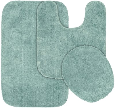 Traditionele, wasbare badkamertapijtset, driedelige set (badkamertapijt, contourmat en toiletbril) in zeegroen.