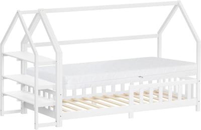 Kinderbed huisbed 90x200 cm wit gemaakt van grenenhout incl. matras H-16cm uitvalbeschermend plankdak en lattenbodem ML-Design