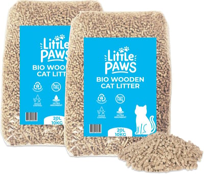 Little Paws Houtkorrel Kattenbakvulling 2 x 10KG (20kg - 40L) - Biologisch afbreekbare houtkorrels - 100% Natuurlijk