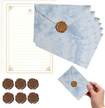 Vintage Briefpapier Set met 20 A5 Schrijfpapier en 6 Blauwe Enveloppen, Inclusief Zelfklevende Waszegels voor Liefdesbrieven, Huwelijksuitnodigingen en Bedankkaarten