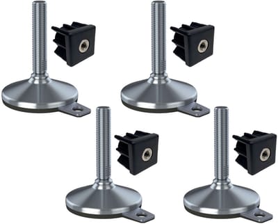 Roestvrijstalen voet M20x100, voetplaat 105 mm, onderlegplaatje en bevestigingsgat + inzetstuk 40x40x2 mm – Set van 4