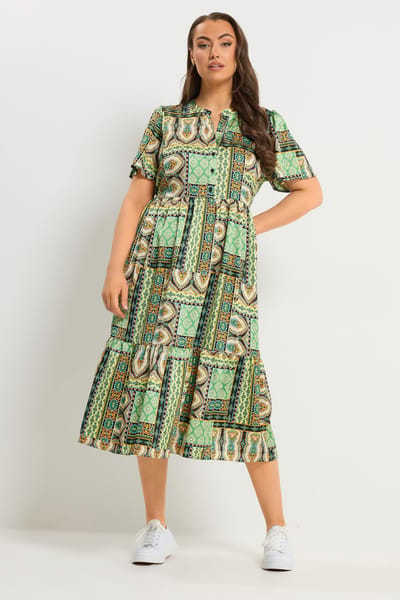 Yours Groene Patchwork Jurk Met Halve Knoopsluiting Size 44