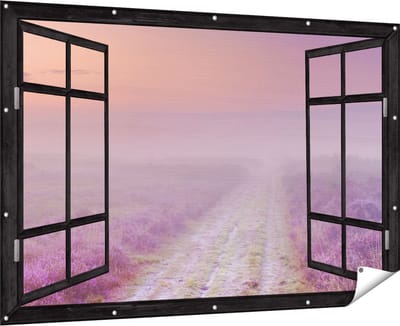 Gards Tuinposter Doorkijk Pad in de Weide tijdens de Mist - 180x120 cm - Tuindoek - Tuindecoratie - Wanddecoratie buiten - Tuinschilderij