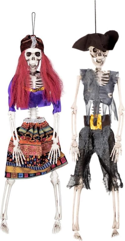 Boland Horror decoratie skeletten - set van 2x - 40 cm - Gipsy en piraat - hangend - Halloween poppen