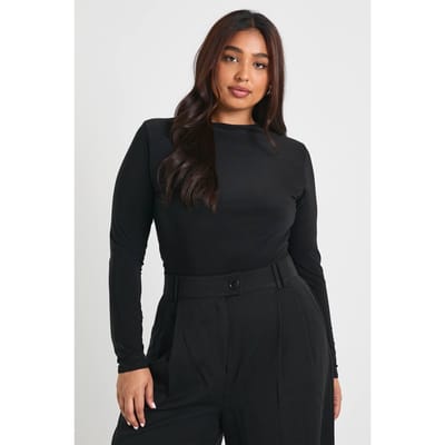 boohoo Dames Plus dubbellaagse Slinky T-shirt met lange mouwen | Zwart | Maat: 44
