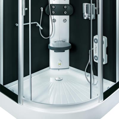 Stoomcabine 90X90X215 Fiona. Luxe Stoomdouche, THERMOSTAAT Uitvoering, Kit-Vrij, Zwart, Veiligheidsglas, LED, Radio, Speakers, Zitje, Massage, Hoekmodel, Kwartrond, Schuifdeuren, Douchebak, Afvoer, Sifon, A Kwaliteit, Full Options. Royal Sanitair