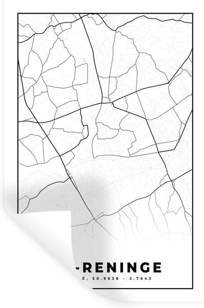 Muurstickers - Sticker Folie - Stadskaart – Plattegrond – België – Zwart Wit – Lo Reninge – Kaart - 20x30 cm - Plakfolie - Muurstickers Kinderkamer - Zelfklevend Behang - Zelfklevend behangpapier - Stickerfolie