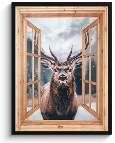 Poster in lijst - Fotolijst 50x70 cm - Posters - Doorkijk - Hert - Dieren - Winterlandschap - Sneeuw - Posterlijst zwart - Decoratie - Wanddecoratie woonkamer - Muurdecoratie slaapkamer