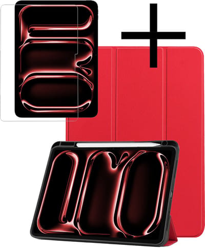 Hoes - Geschikt voor Apple iPad Pro (2024/2025) - 11 inch - Met Screenprotector - Trifold Bookcase - Hard Cover Case - Met Uitsparing Geschikt voor Apple Pencil - Hardcover Book - Tablet Hoesje - Rood