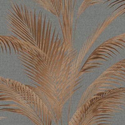Natuur behang Profhome 399803-GU vliesbehang hardvinyl warmdruk in reliëf licht gestructureerd met palmen en metallic effect grijs bronzen okerbruin 5,33 m2