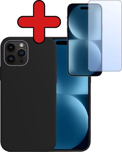 Hoesje - Met Screenprotector - Geschikt voor Apple iPhone 15 Pro - Sterk & Shockproof - Telefoon Hoes - Back Cover - Siliconen Case - Telefoonhoes - Zwart