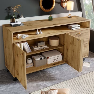 DESMIU Dressoir - Met Lamellenfront En 3 Lades 2 Deuren - Opbergkast Voor Woonkamer Hal En Eetkamer - Hout Donkere Eik - 120x40x85 Cm