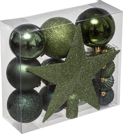 Feeric Christmas Kerstballen - 17x st - incl. ster piek - khaki groen - 6-7-8 cm - kunststof - kerstversiering