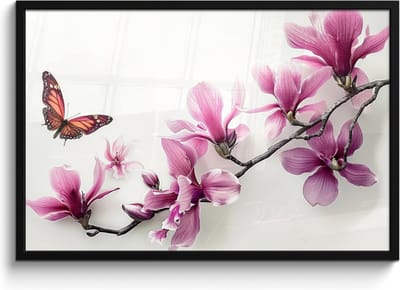 Poster in lijst - Fotolijst 90x60 cm - Posters - Bloesem - Vlinder - Roze - Natuur - Wit - Posterlijst zwart - Wanddecoratie badkamer - Muurdecoratie WC - Decoratieve accessoires - Toilet muur decoratie