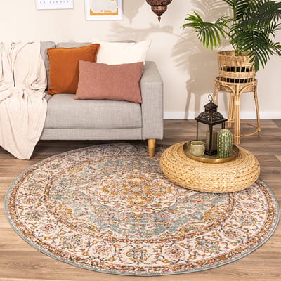 Fraai Rond vintage vloerkleed - Thirza Medaillon Lichtblauw/Multicolor - Ø 100cm