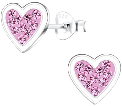 Joy|S - Zilveren hartje oorbellen - 8 mm - roze met roze kristalletjes - zilver wit afgewerkt randje - kinderoorbellen - sterling zilver 925