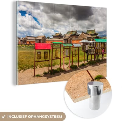 ® Glasschilderij 180x120 cm - Schilderij acrylglas - Het Aziatische Erdene Zuu klooster in Mongolië tijdens een bewolkte dag - Foto op glas - Muurdecoratie woonkamer - Wanddecoratie slaapkamer - Schilderijen