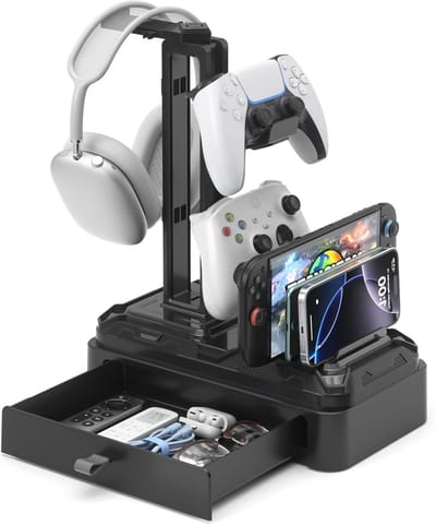 Multifunctionele Hoofdtelefoonstandaard met Tray - Draaiende Houder voor Headsets en Afneembare Desk Controller - Organizer voor Telefoons en Tablets
