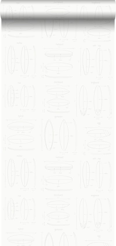 ESTAhome behang technische tekeningen van surfplanken wit en zilver - 53 cm x 10.05 m - 128869