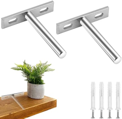 2 stuks - zwevende plankbeugel - Wandmontagebeugel - Verborgen plankdrager - T-vormige beugel - met montageschroeven - zilver - 75 × 70 × 15 mm - geschikt voor zwevende houten planken - ideaal voor doe-het-zelf wandplanken
