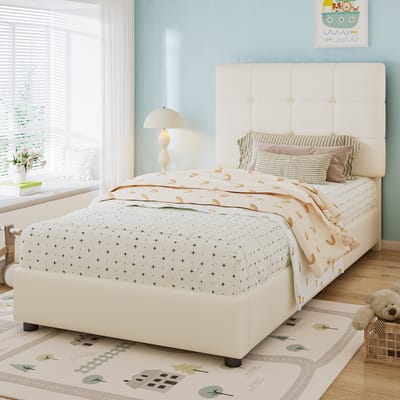 Wishdor – Kinderbed 90x200 cm – Koekvormig Hoofdbord – Zachte Rugleuning & Antibotsranden – Veilig & Knus – PU & Spons – Beige