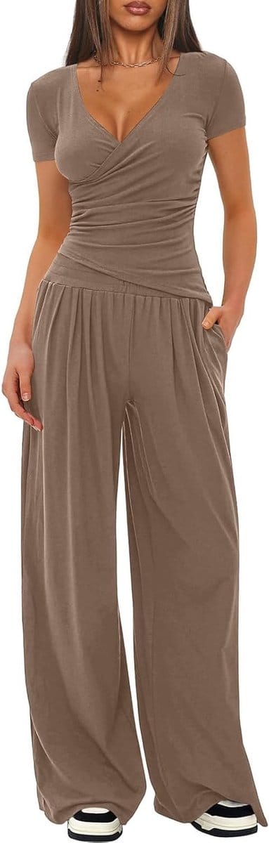 Zomer Korte Mouwen V-Hals Loungewear Set met Brede Broek en Zakken voor Casual Gebruik, Sport en Yoga