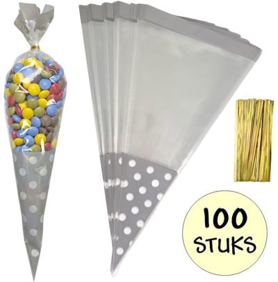 100x Cellofaan Puntzakken Grijze Stippen 37x18cm - Uitdeelzak - Traktatie Zak - Snoepzak - Inclusief Sluitstrips - 18x37cm - Grijs - 100 Stuks
