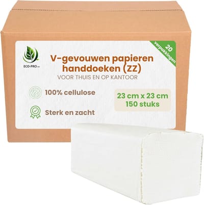 V-fold papieren handdoeken 23x23 cm - 100% FSC cellulose - 20 pak à 150 vel - thuis en kantoor