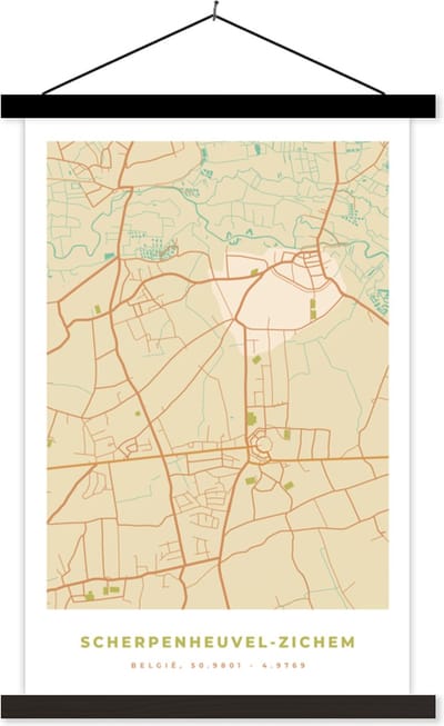 Posterhanger incl. Poster 40x60 cm - Schoolplaat - Plattegrond - Vintage - Retro - Scherpenheuvel-Zichem - Kaart - Stadskaart - Textielposter - Zwarte latten - Stadskaart