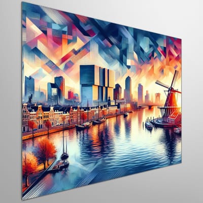 Acryl rotterdam schilderij | Rotterdamse skyline in levendige acrylverf: moderne kunst met een twist | Kunst - 50x50 centimeter op Dibond | Foto op Dibond