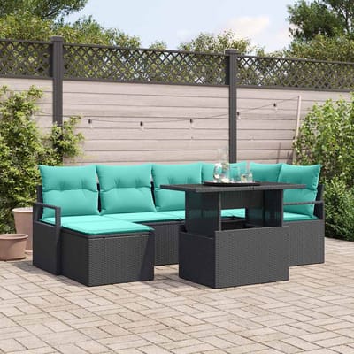 vidaXL - Tuinbank - Set - 7 - st - Zwart - en - Blauw - Poly - rattan