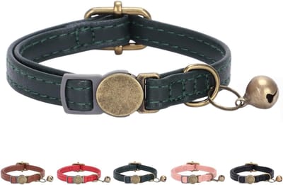 Veiligheids Kattenhalsband met Bel - Zacht PU Leer Kitten Halsband met Oud Messing Gesp - Verstelbaar Huisdierhalsband voor Kleine Katten Puppy's
