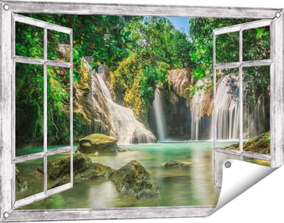 Gards Tuinposter Doorkijk Tropische Waterval - 90x60 cm - Tuindoek - Tuindecoratie - Wanddecoratie buiten - Tuinschilderij