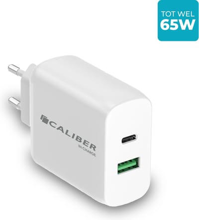 Caliber Snellader 65W - USB C Adapter 2 Poorten - USB-C PD Fast Charge - 1x USB-A Quick Charge 3.0 – Oplader 65 Watt - GaN Technologie - Geschikt voor Smartphones, Laptop - Wit (PSP-65W)