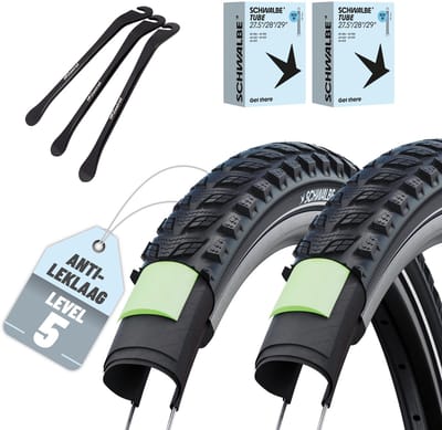 Set van 2 Schwalbe fietsbanden Marathon 365 28 x 1,75 inch (ETRTO 47-622), SCV Clik ventiel binnenbanden + 3x MSZweirad metalen bandenlichter