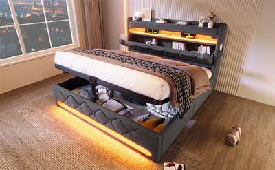 Wishdor Tweepersoonsbed 140 x 190 cm – 360° LED-Strip – USB-C en USB Snelladers – Opberghoofdbord en Zijvakken – Hydraulische Opbergruimte – Timer en Muziekmodus – Geschikt voor Moderne Slaapkamer – Linnen en Metaal – Grijs