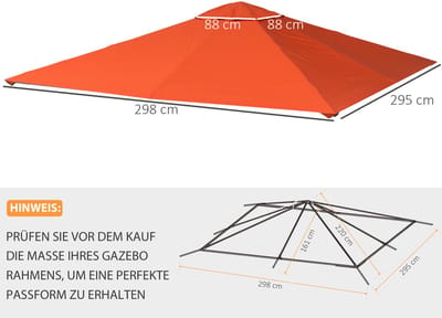 MEUNIQ vervangend pavillondak 298 x 295 cm voor tuinpaviljoen, polyester dakdoek met PA-coating, 4 bevestigingskoorden en 8 afwateringsgaten, oranje